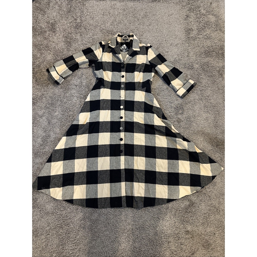 J Peterman Flannel Midi Shirt Dress Women's 16 Black Yellow Buffalo Plaid Button